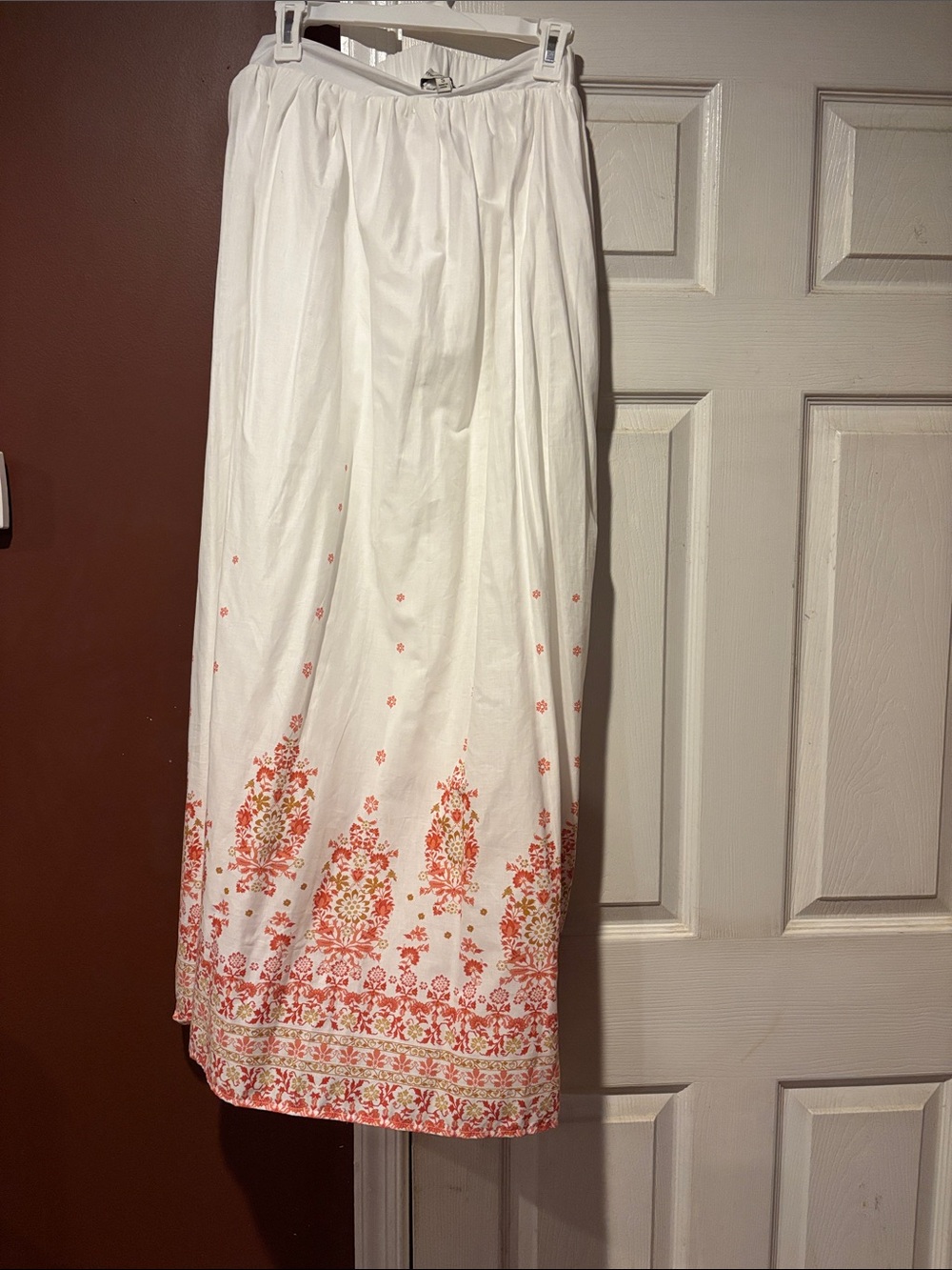 Francesca's Collections White Maxi Skirt with Coral Floral Hem